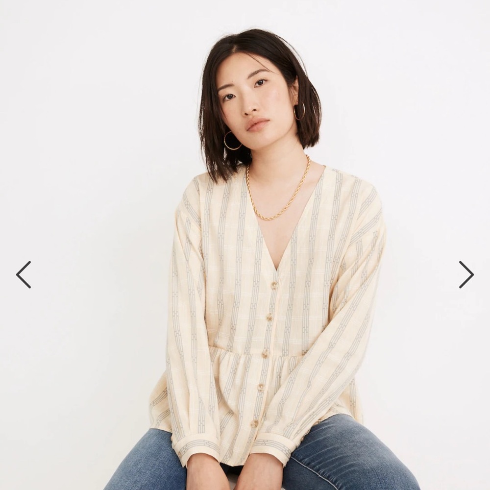 Madewell Button-Front Peplum Top in Dobby Jacquard, Pale Yellow.